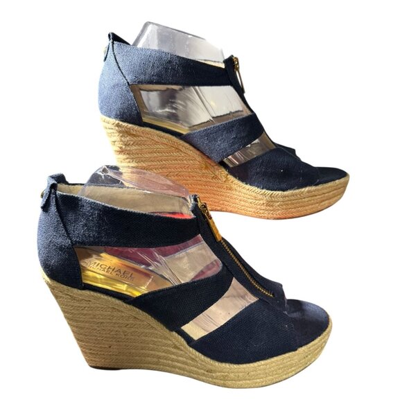 Michael Kors Navy Blue Canvas & Jute Wedge Sandals With Gold Zipper Size 9.5 - Picture 1 of 11